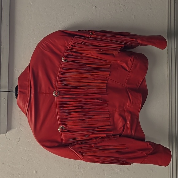 Womens Red Leather Jacket with Fringe - Picture 3 of 5